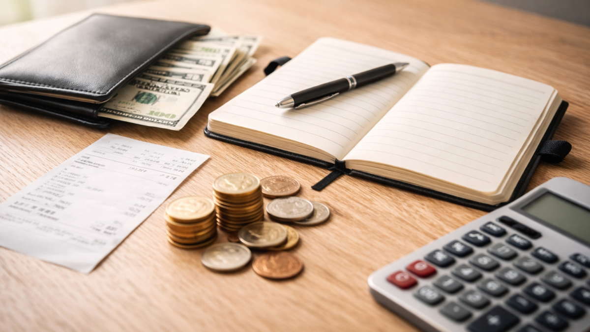 Objetos de uso cotidiano relacionados con la organización y los ajustes económicos de inicio de año