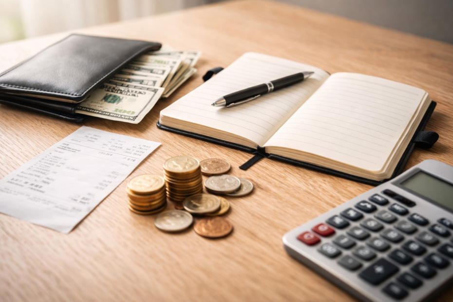 Objetos de uso cotidiano relacionados con la organización y los ajustes económicos de inicio de año