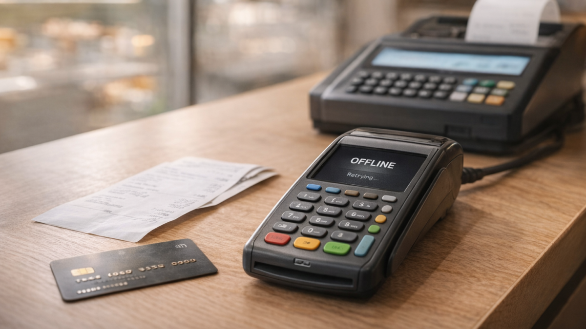 Terminal de pago digital sin actividad que representa una interrupción temporal en pagos cotidianos