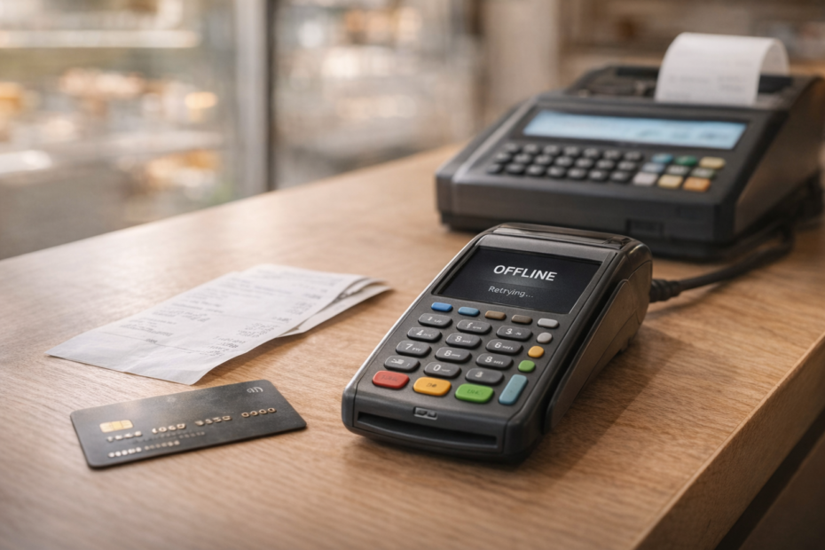 Terminal de pago digital sin actividad que representa una interrupción temporal en pagos cotidianos