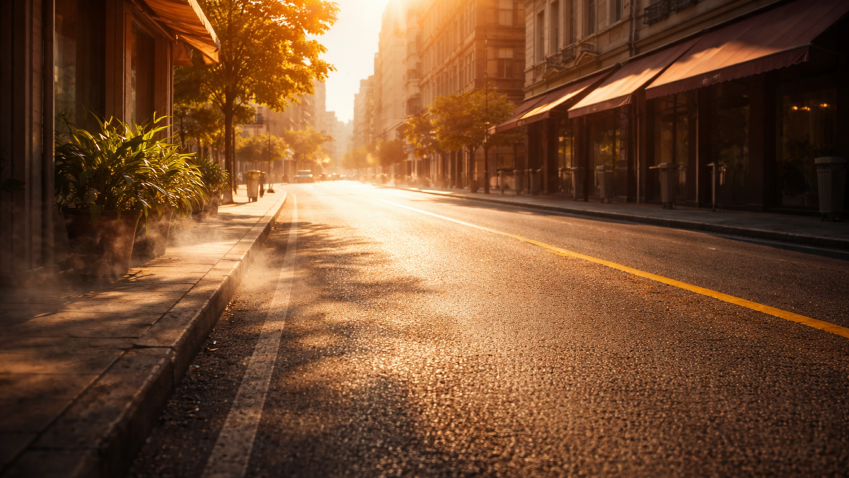 Calle urbana bajo sol intenso que refleja cómo el calor afecta la rutina diaria