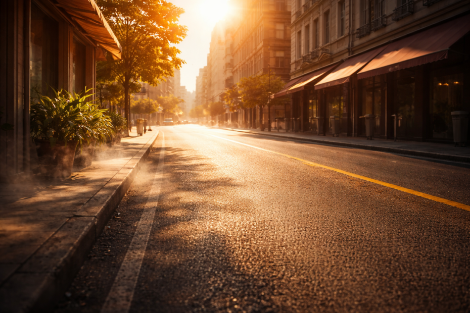Calle urbana bajo sol intenso que refleja cómo el calor afecta la rutina diaria