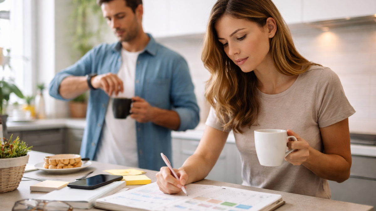 Persona organizando su tiempo y revisando su rutina diaria en un entorno tranquilo
