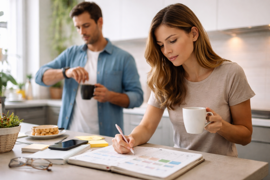Persona organizando su tiempo y revisando su rutina diaria en un entorno tranquilo