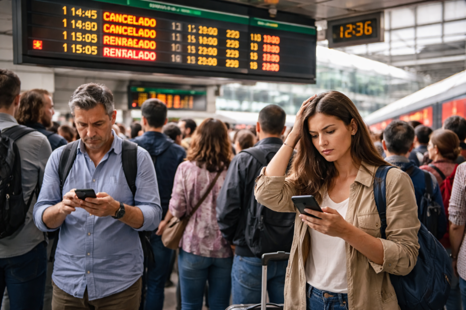 Estación de tren en España con viajeros esperando información tras una incidencia en el servicio
