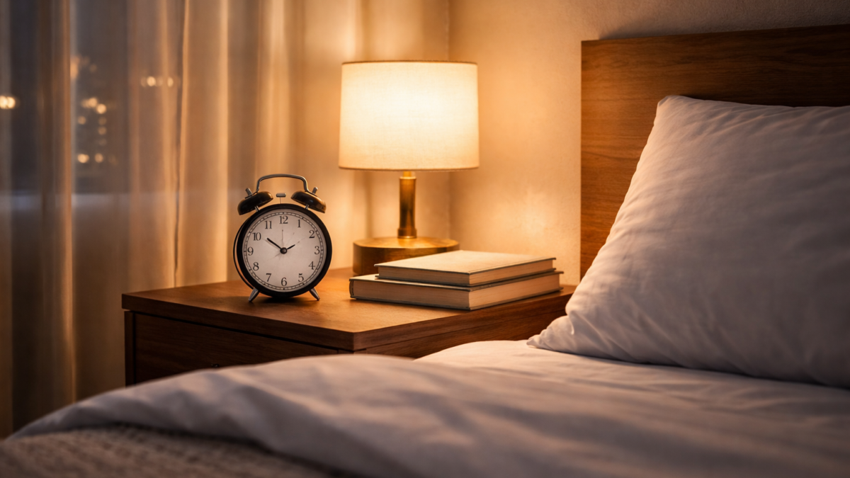 Ambiente nocturno tranquilo que representa el descanso y la preparación para dormir