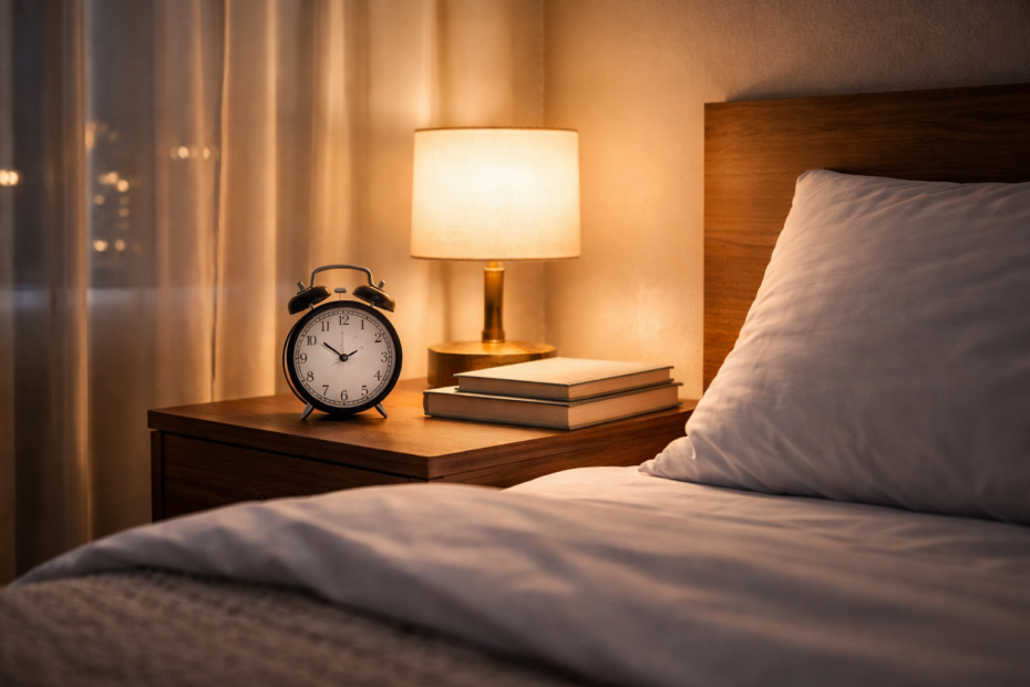 Ambiente nocturno tranquilo que representa el descanso y la preparación para dormir