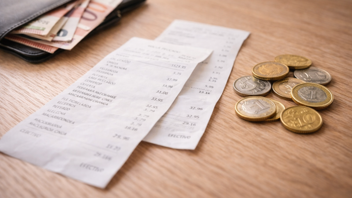 Recibos y monedas de euro que representan los gastos cotidianos durante el mes de enero en España