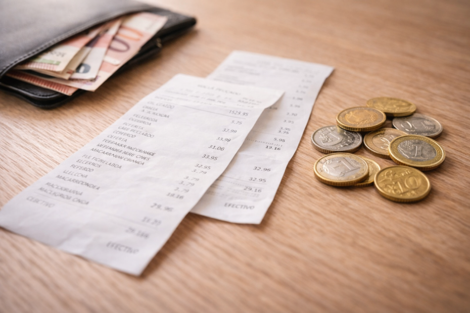 Recibos y monedas de euro que representan los gastos cotidianos durante el mes de enero en España
