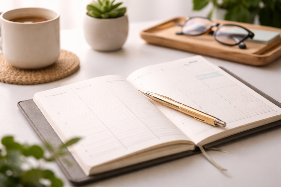 Elementos cotidianos que representan la organización diaria y la planificación personal
