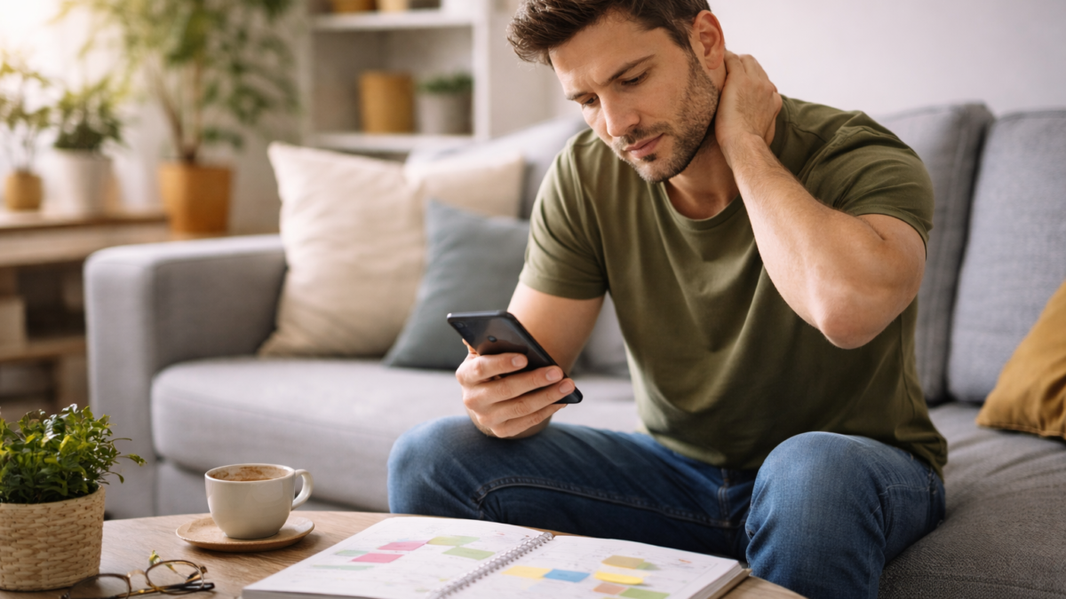 Persona organizando su día y revisando tareas cotidianas en un entorno tranquilo