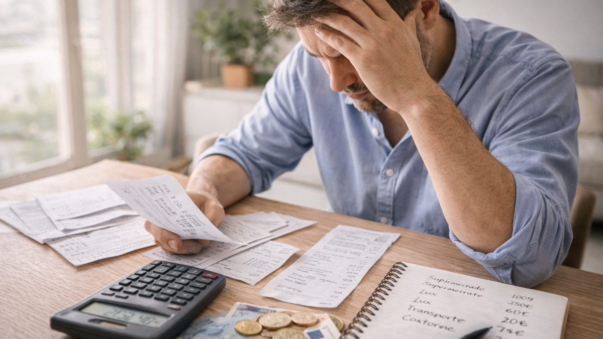 Persona sentada revisando facturas y haciendo cuentas con una calculadora en casa
