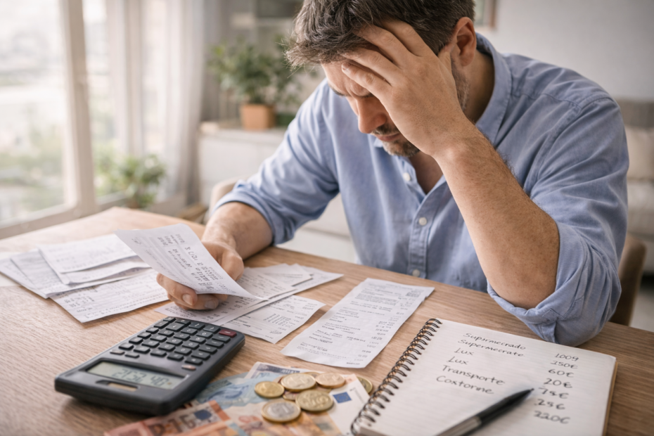 Persona sentada revisando facturas y haciendo cuentas con una calculadora en casa
