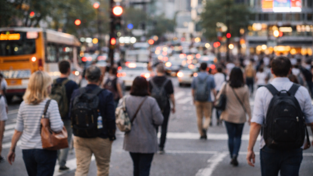 Calle urbana con transeúntes y tráfico cotidiano en un entorno de ciudad