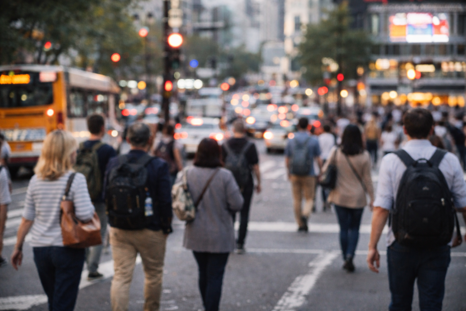 Calle urbana con transeúntes y tráfico cotidiano en un entorno de ciudad