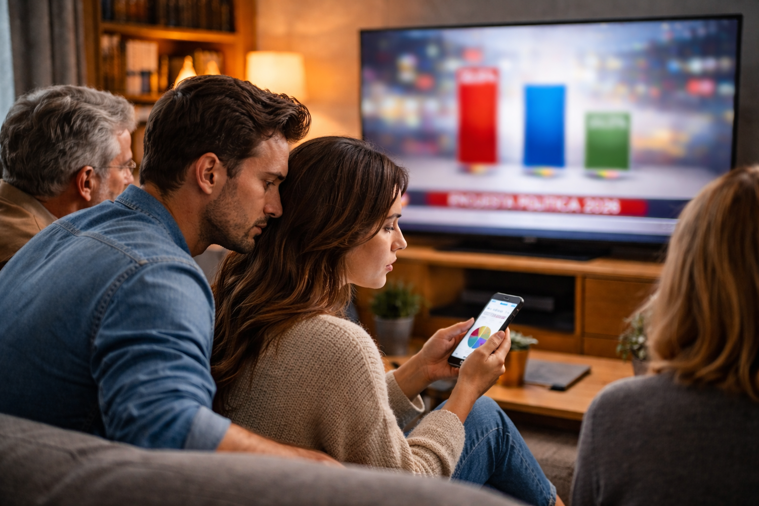 Familia española siguiendo resultados de una encuesta política en 2026 desde casa, reflejando el impacto del último CIS en la vida cotidiana en España