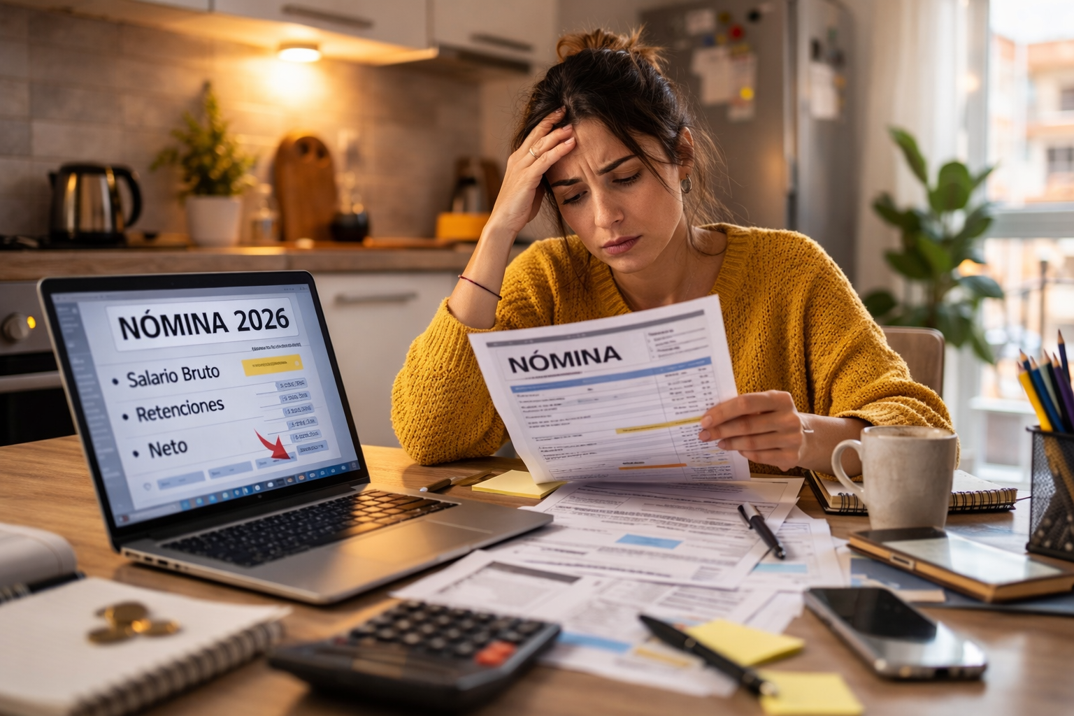 Trabajadora revisando su nómina en casa en España en 2026 tras notar cambios en su salario neto
