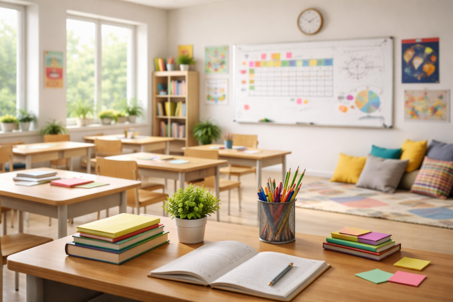Aula escolar moderna con luz natural y espacios reorganizados que reflejan cambios recientes en centros educativos en España.