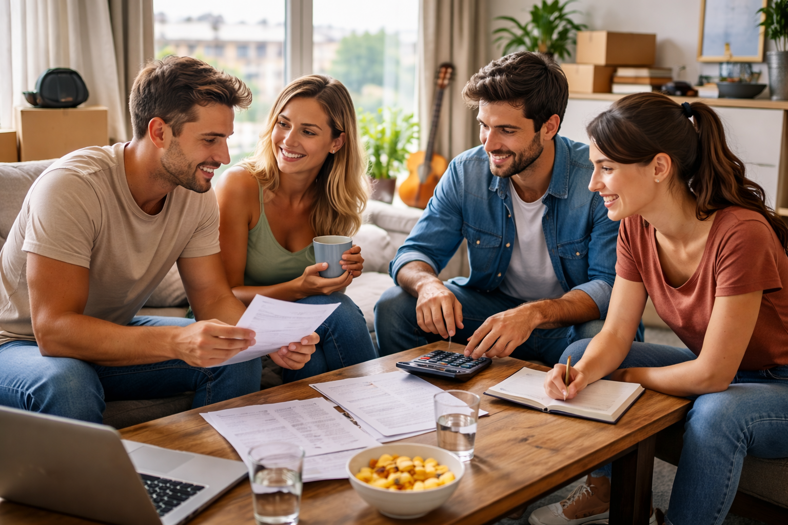 Cuatro jóvenes revisando gastos y documentos en un piso compartido en España en 2026, reflejando la tendencia creciente de dividir alquiler