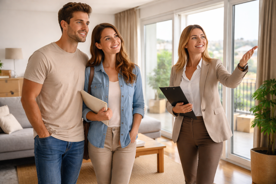 Pareja visitando una vivienda con agente inmobiliaria en España en 2026, evaluando la decisión de comprar casa