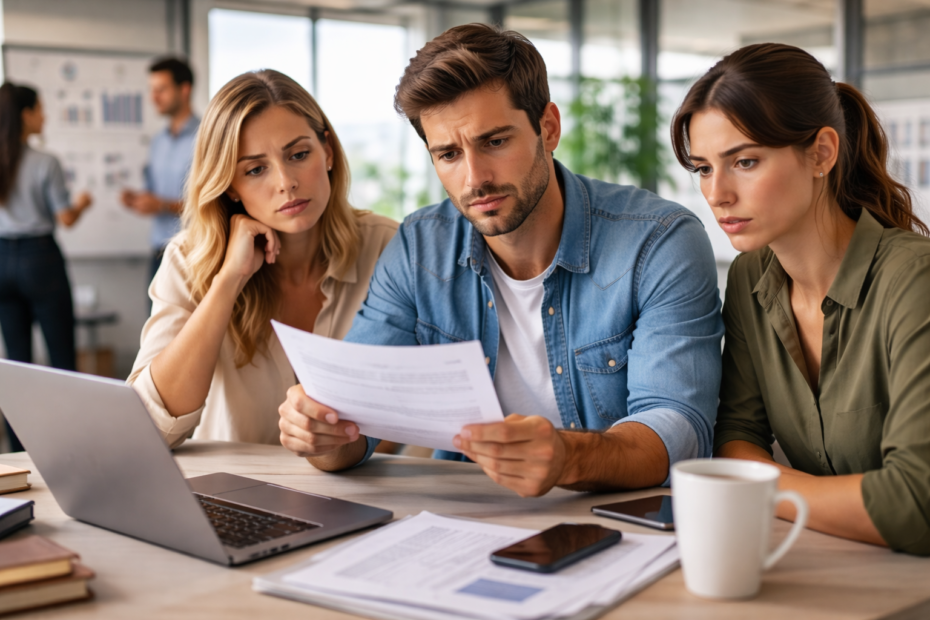 Tres trabajadores revisando un contrato en una oficina en España en 2026 ante la desaceleración de la contratación indefinida