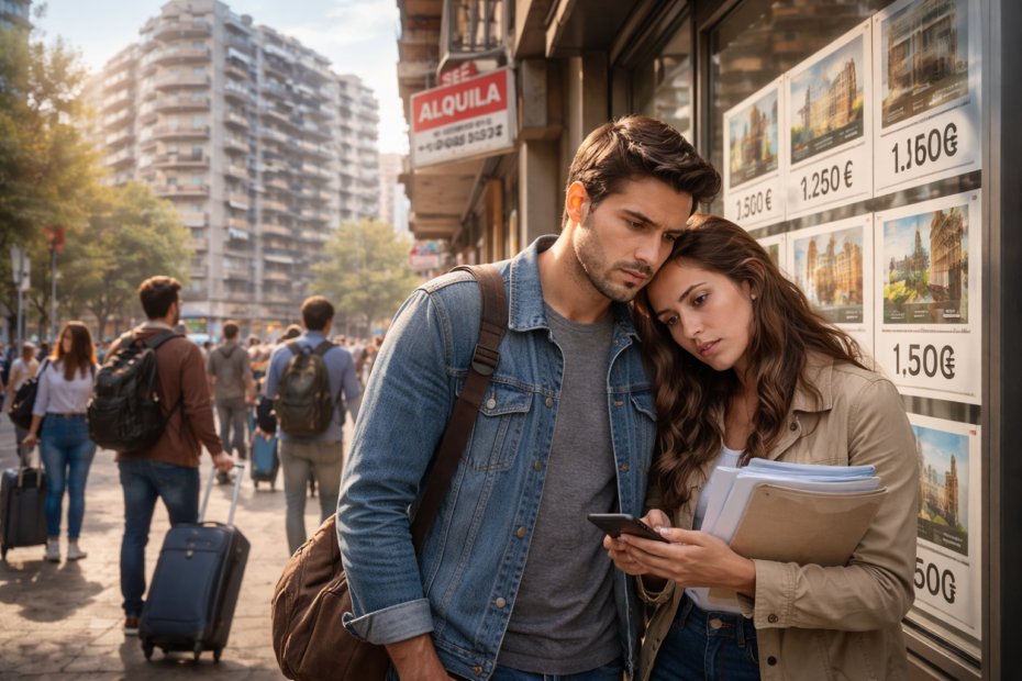 Pareja joven consultando precios de alquiler en una ciudad española en 2026, reflejando la crisis de la vivienda y la presión urbana en España