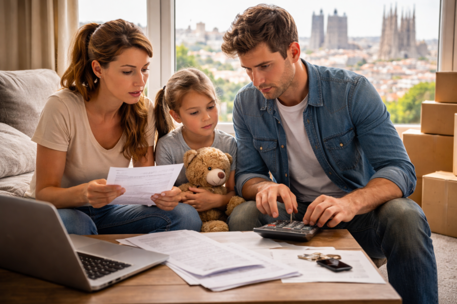 Familia revisando documentos y calculando gastos de alquiler en Madrid o Barcelona en 2026, reflejando el coste real de vivir en estas ciudades