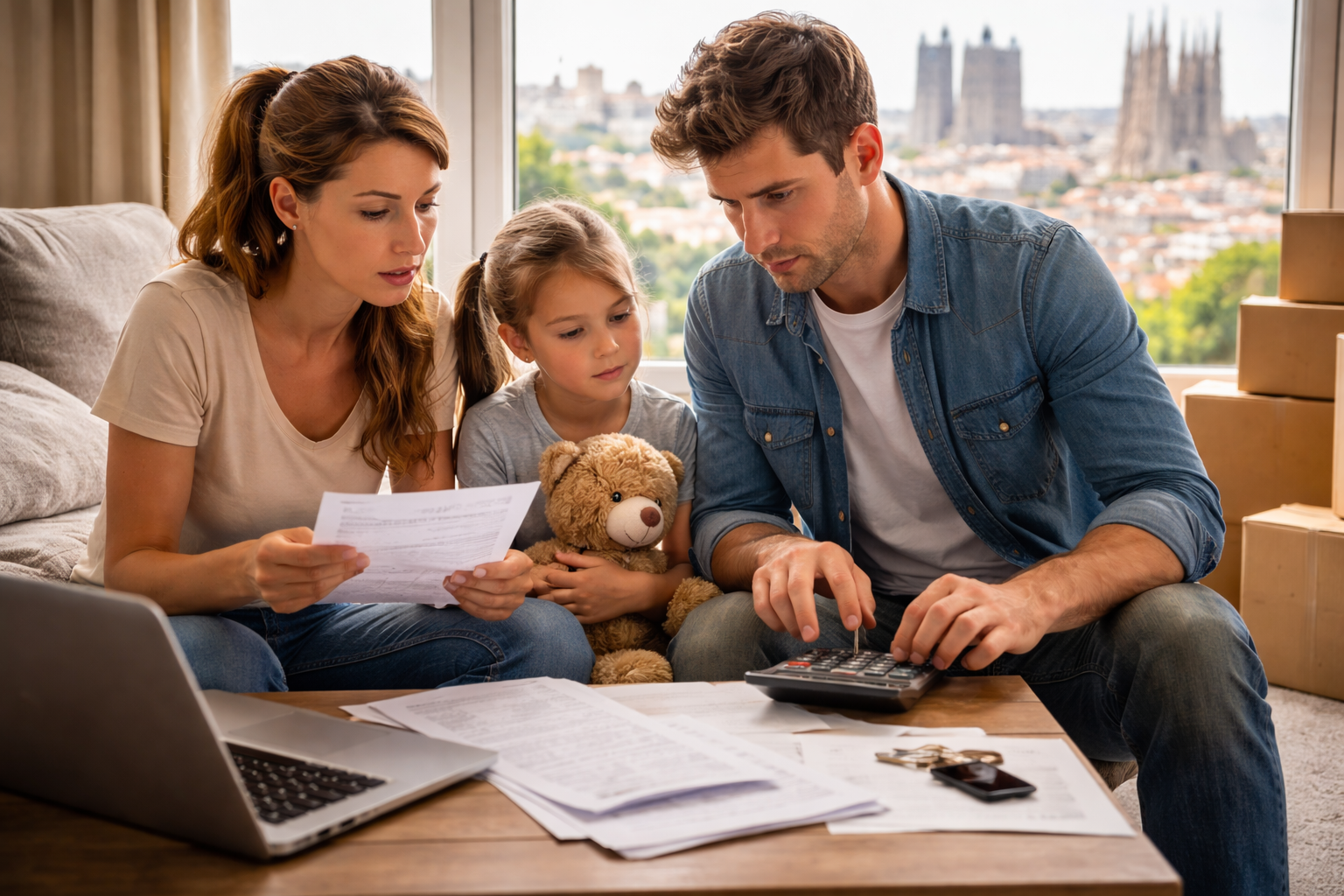 Familia revisando documentos y calculando gastos de alquiler en Madrid o Barcelona en 2026, reflejando el coste real de vivir en estas ciudades