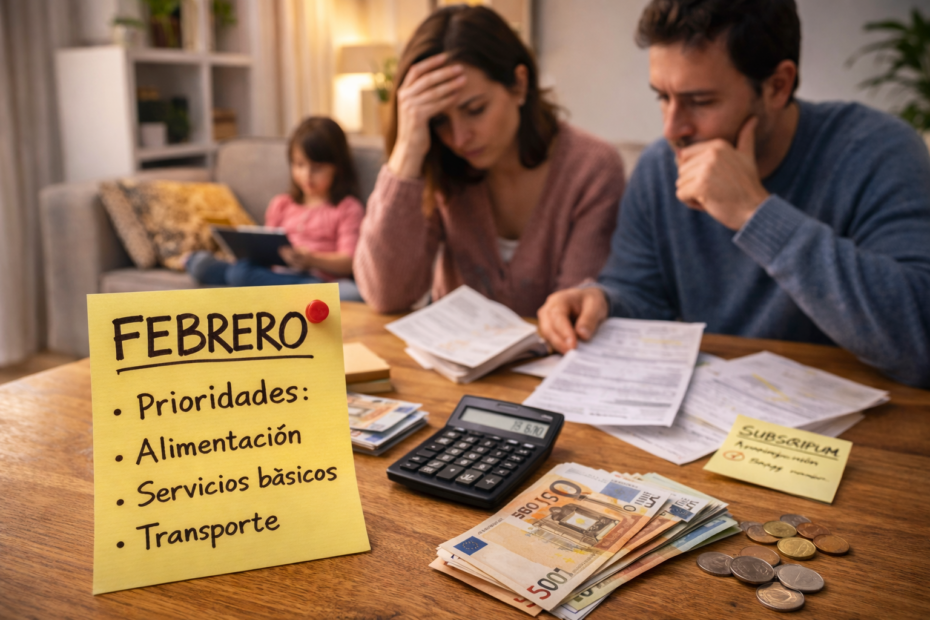 Familia revisando gastos del mes en casa mientras planifican su presupuesto