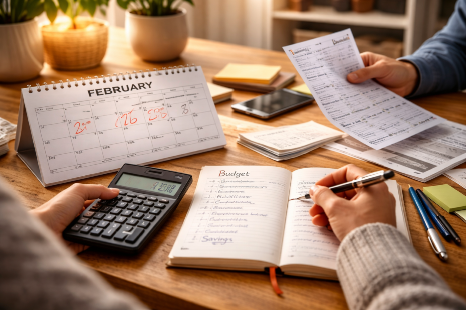 Personas revisando gastos del mes de febrero con facturas, calendario y calculadora sobre una mesa