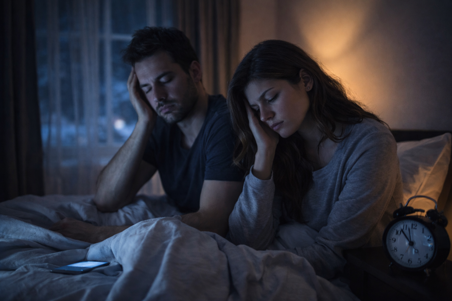 Hombre y mujer en un entorno interior durante la noche, reflejando cómo los hábitos nocturnos pueden influir en el descanso diario en invierno.