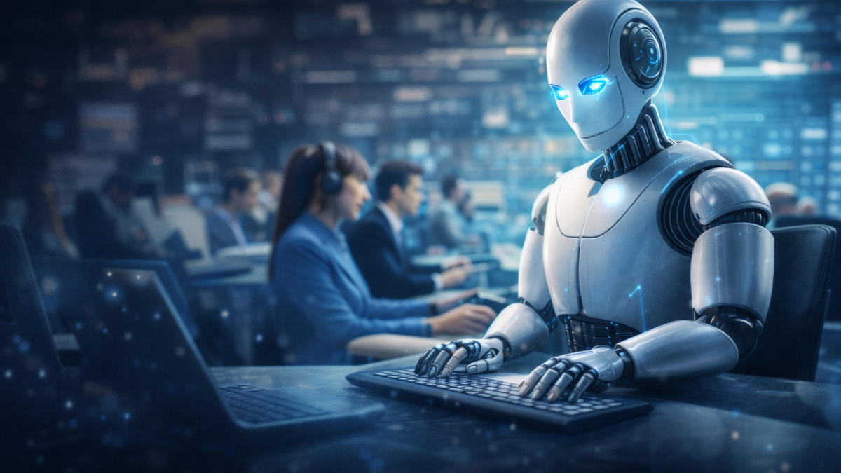 Robot trabajando en oficina moderna mientras empleados españoles usan ordenadores en 2026, representando el impacto de la inteligencia artificial en el empleo en España