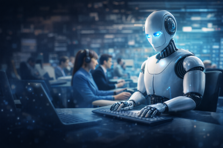 Robot trabajando en oficina moderna mientras empleados españoles usan ordenadores en 2026, representando el impacto de la inteligencia artificial en el empleo en España