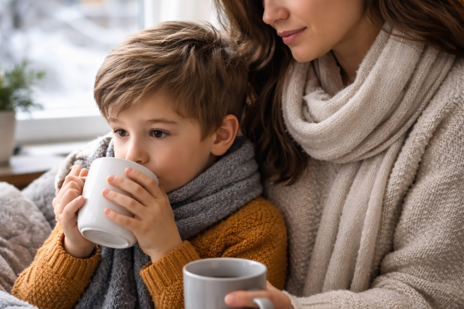 Madre y su hijo en un entorno cotidiano durante el invierno, reflejando cómo el frío puede influir en el bienestar diario.