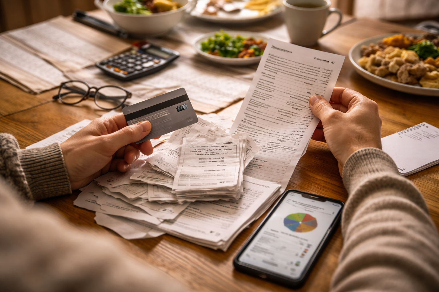 Persona revisando recibos y pagos con tarjeta en una mesa familiar en España en 2026, reflejando cómo los pequeños gastos afectan el presupuesto mensual