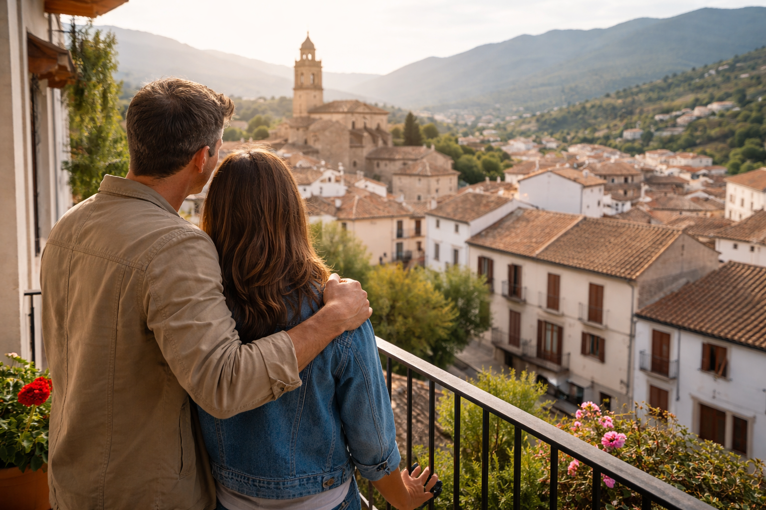 Pareja observando un municipio tranquilo en España en 2026 como alternativa con menor coste de vida frente a las grandes ciudades
