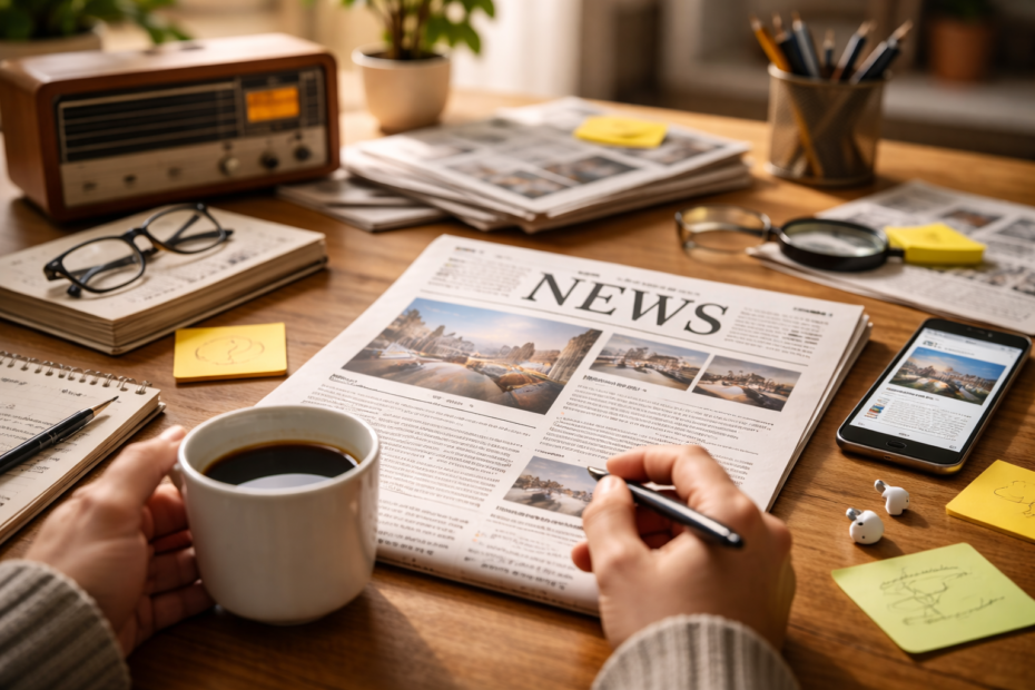 Mesa de trabajo con periódico, teléfono móvil y notas que reflejan nuevas formas de informarse