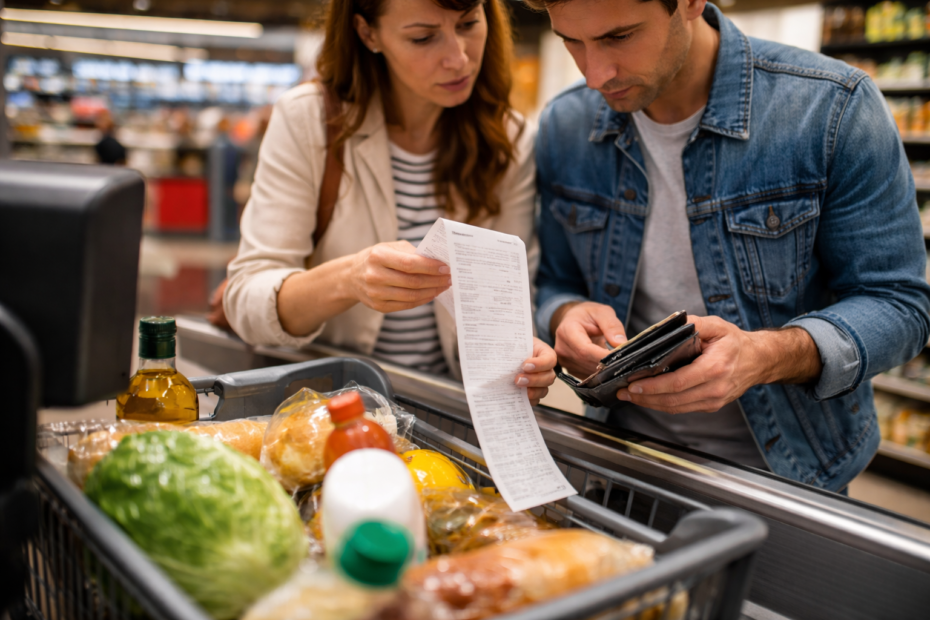 Pareja revisando el ticket de compra en un supermercado en España en 2026, reflejando la reducción del poder adquisitivo en los hogares