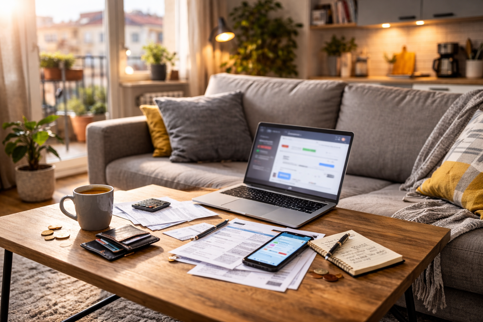 Mesa de salón con portátil, facturas y móvil en un apartamento en España en 2026, reflejando cómo el salario medio apenas cubre los gastos básicos
