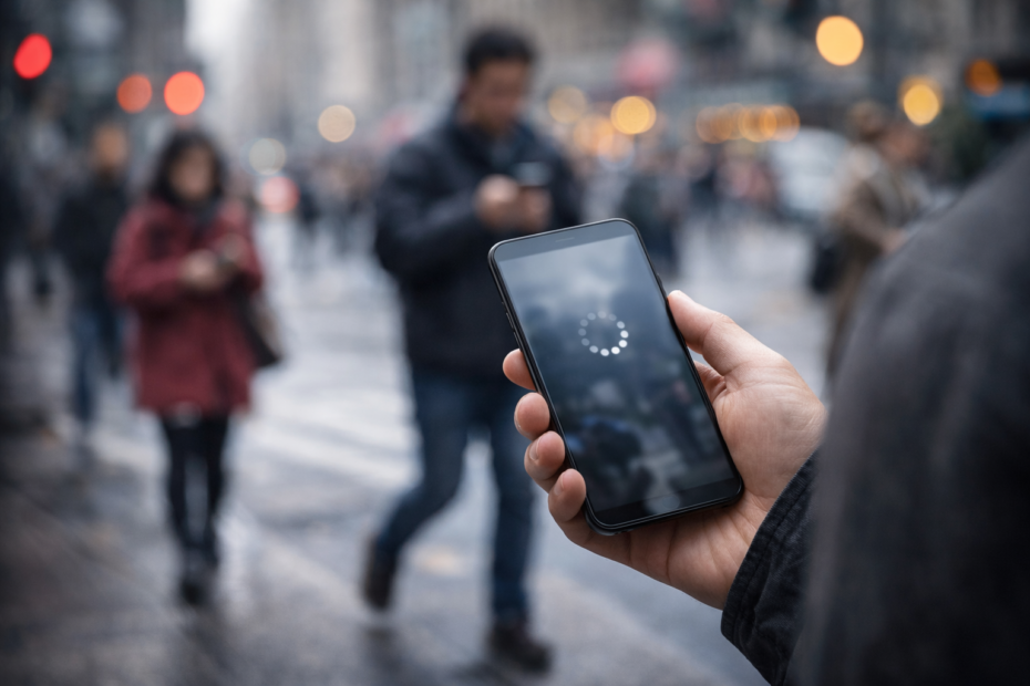Persona usando el teléfono móvil en una calle urbana mientras camina
