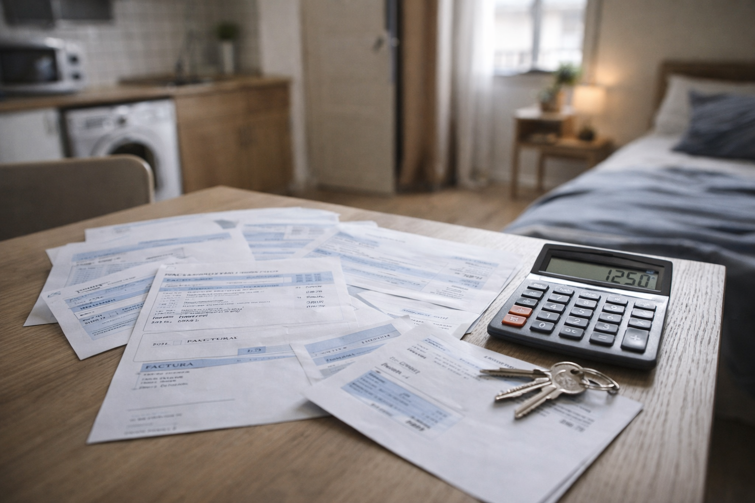 departamento pequeño con mesa llena de facturas y calculando gastos de vivir solo