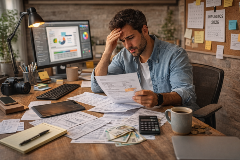Autónomo en España en 2026 revisando facturas y gastos en su oficina en casa ante el aumento de presión económica