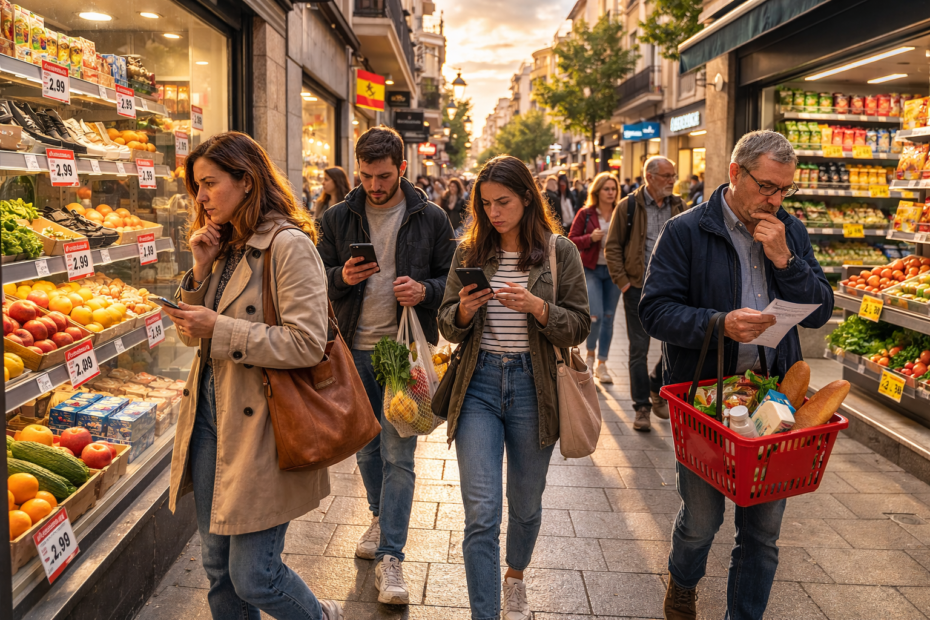 personas mirando precios en tiendas preocupadas por el cambio economico y el coste de vida en españa 2026