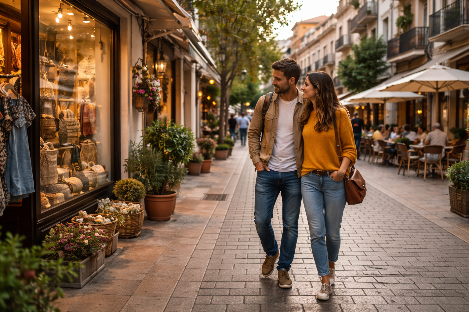 pareja joven caminando por una ciudad pequeña de españa donde el coste de vida es más bajo en 2026
