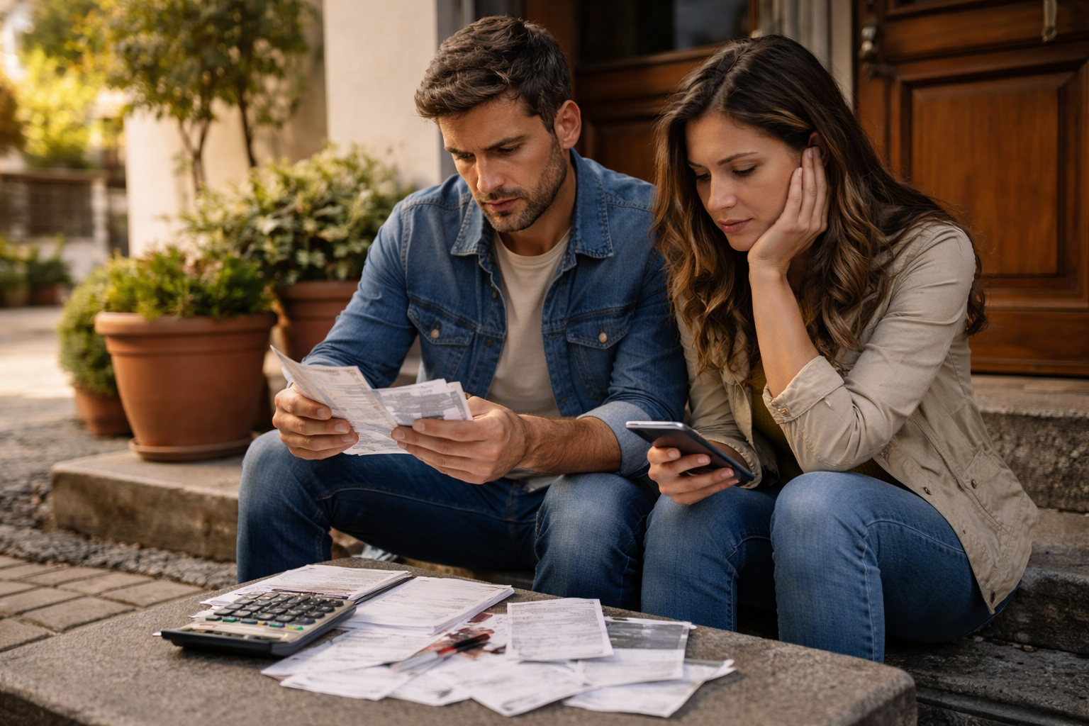 pareja revisando facturas y gastos mensuales preocupados por el coste de vida en españa en 2026