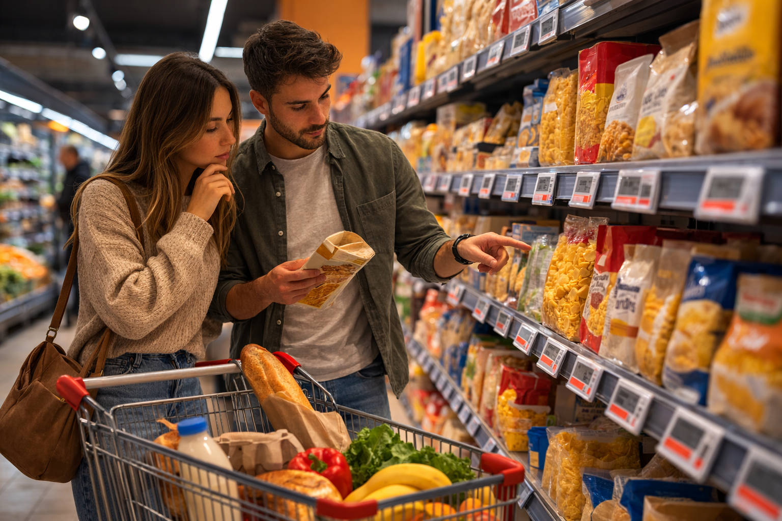 Familia comparando precios en un supermercado en España en 2026