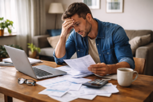 hombre revisando gastos del hogar en España preocupado por el aumento del coste de vida en 2026