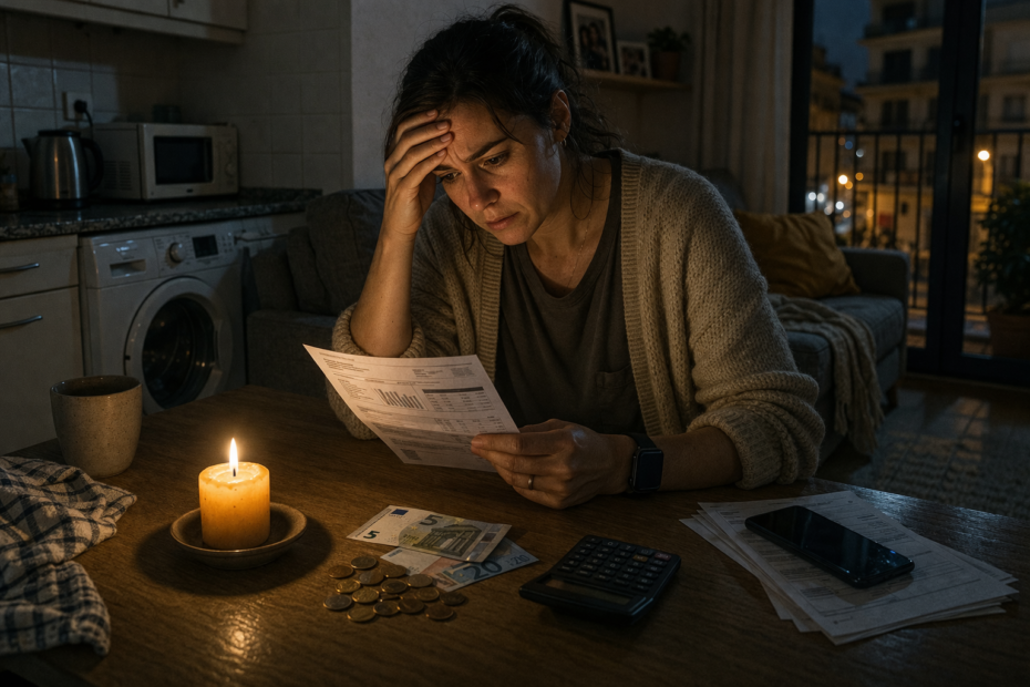 mujer en casa en España revisando factura de luz con expresión de preocupación por el aumento del precio de la electricidad