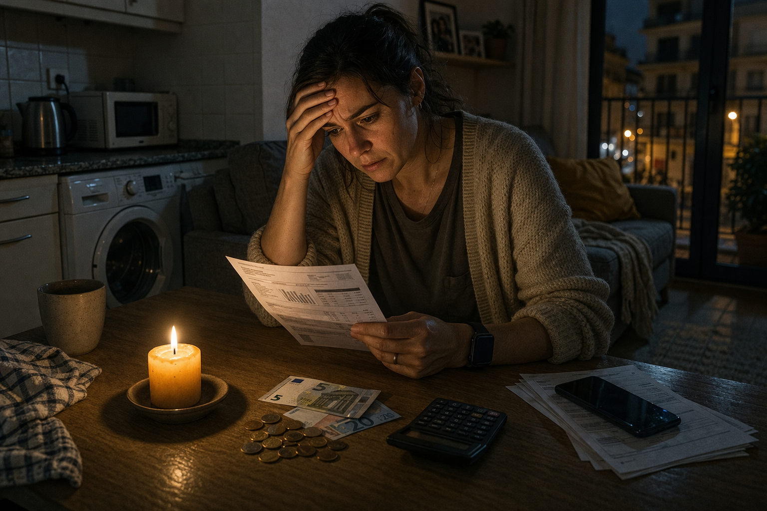mujer en casa en España revisando factura de luz con expresión de preocupación por el aumento del precio de la electricidad