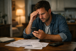 hombre revisando su cuenta bancaria en el móvil con preocupación en casa por gastos ocultos en España en 2026